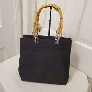 Sunny Hawaii Black Canvas Tote With Bamboo Handles, Lightweight, open top